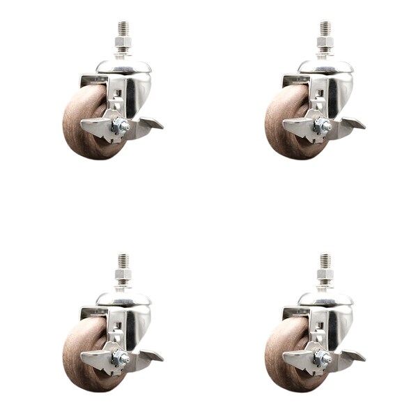 Service Caster 3 Inch 316SS High Temp Glass Filled Nylon 3/8 Inch Stem Caster Set Brake SCC SS316TS20S314-GFNSHT-TLB-381615-4 - main